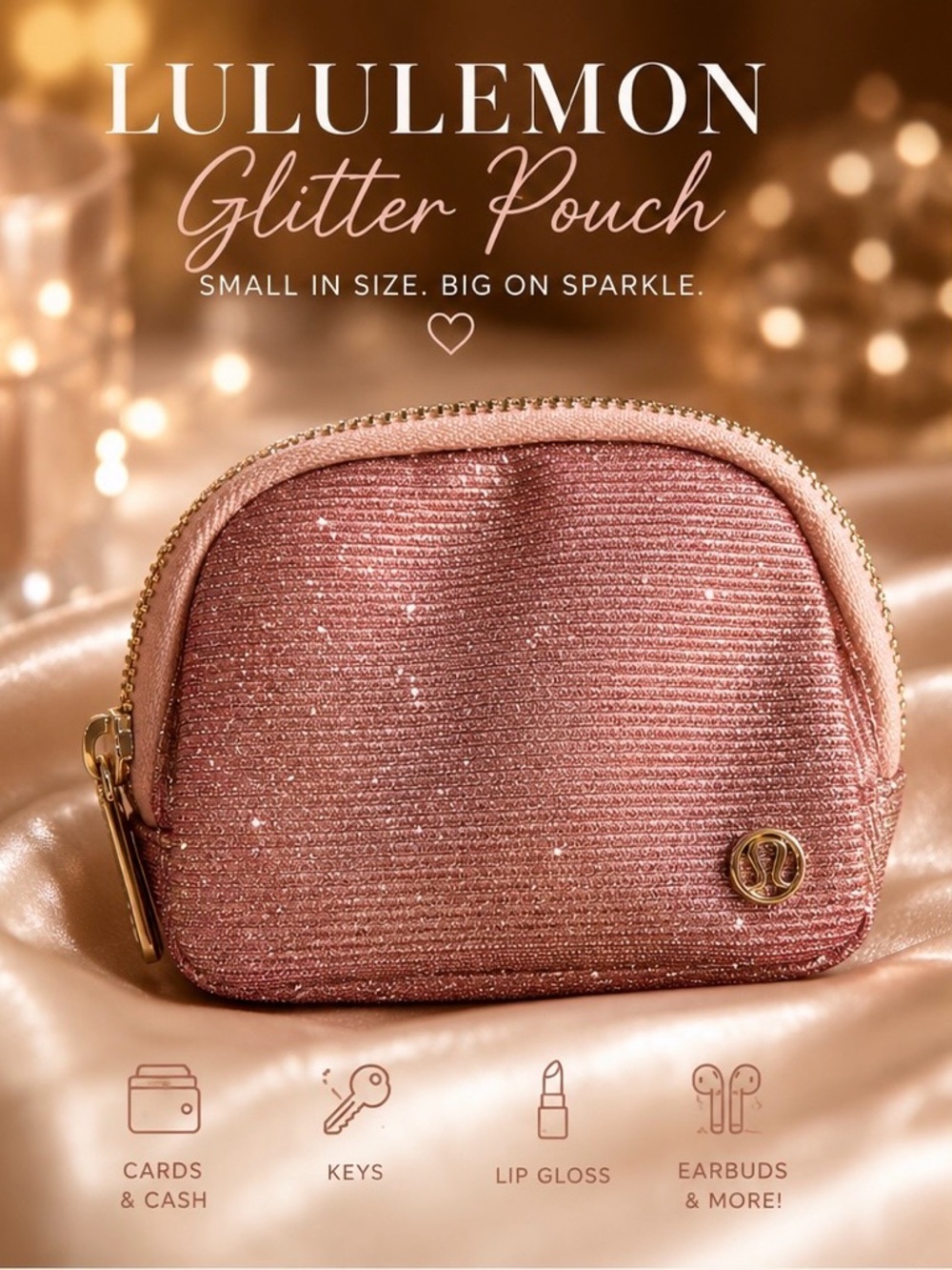 Lululemon Everywhere Glitter Nano Pouch Rose Gold Pink Sparkle Keychain Wallet